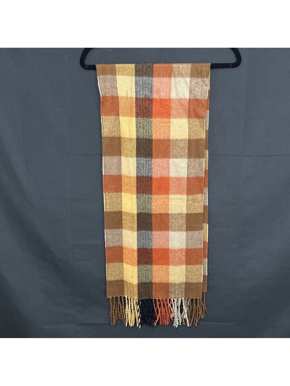 Jeffrey Banks Scarf Mens Chocolate Brown Orange Plaid Fringed Granola Gorpcore